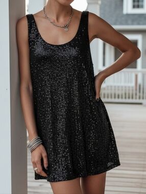 Sparkling Sequin Scoop Neck Sleeveless Lightweight Party Sheath Mini Dress Black